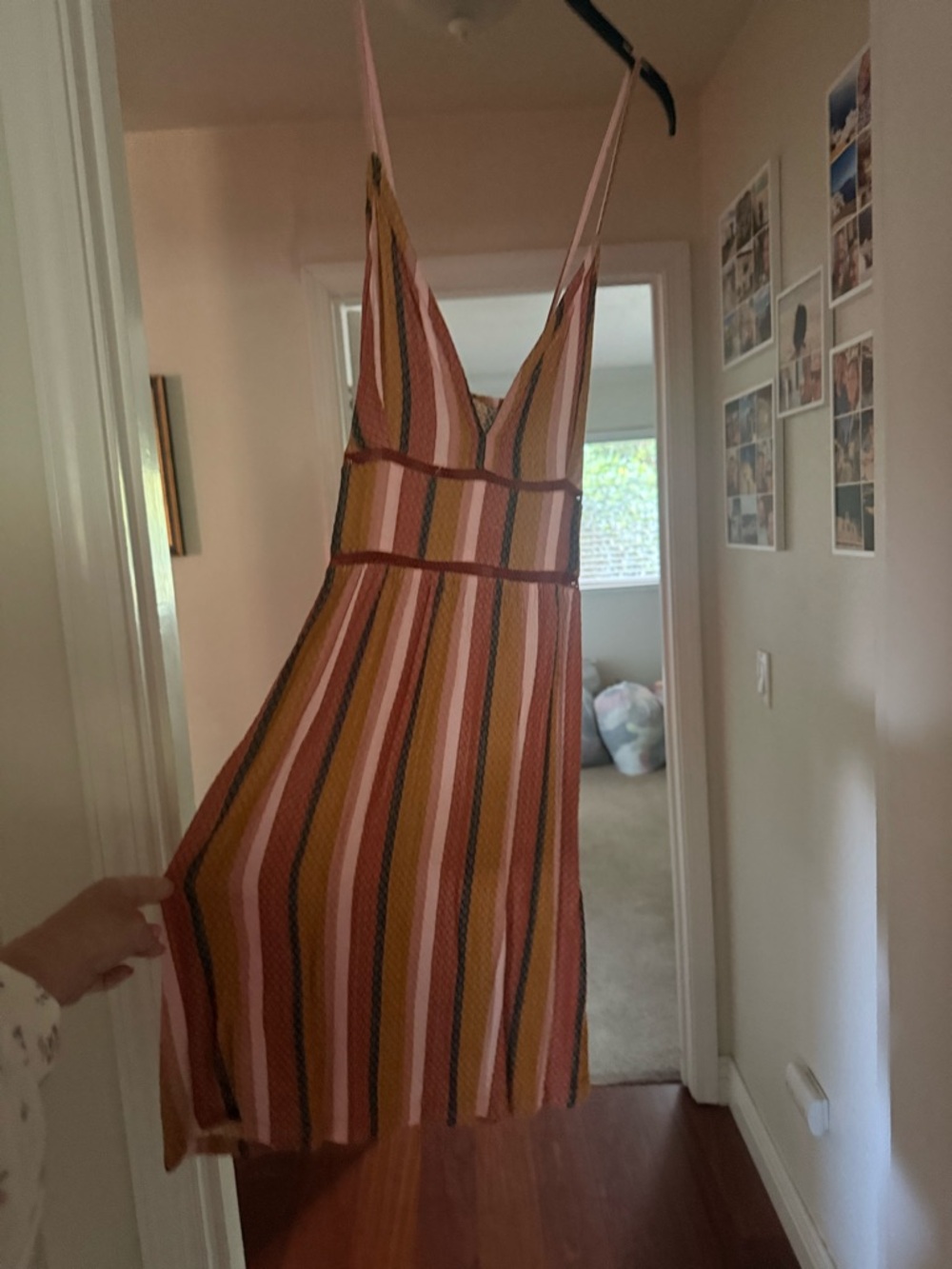 Roxy Striped V-Neck Spaghetti Strap Dress in Pink and Mustard